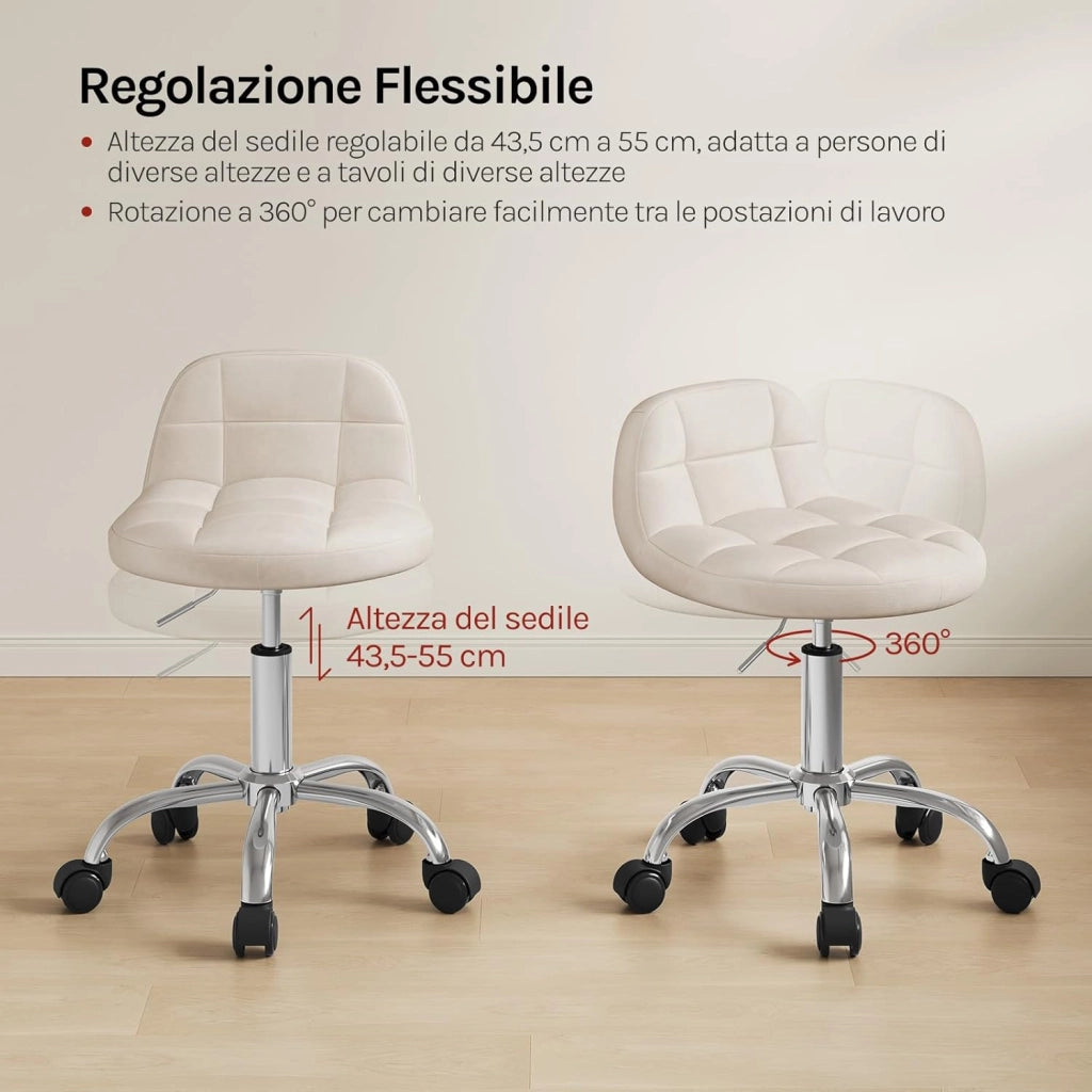 Sgabello con Ruote, Sedia da Trucco, Altezza Regolabile per Estetista Parrucchiere, Tattoo Studio e Salone, Velluto, Crema