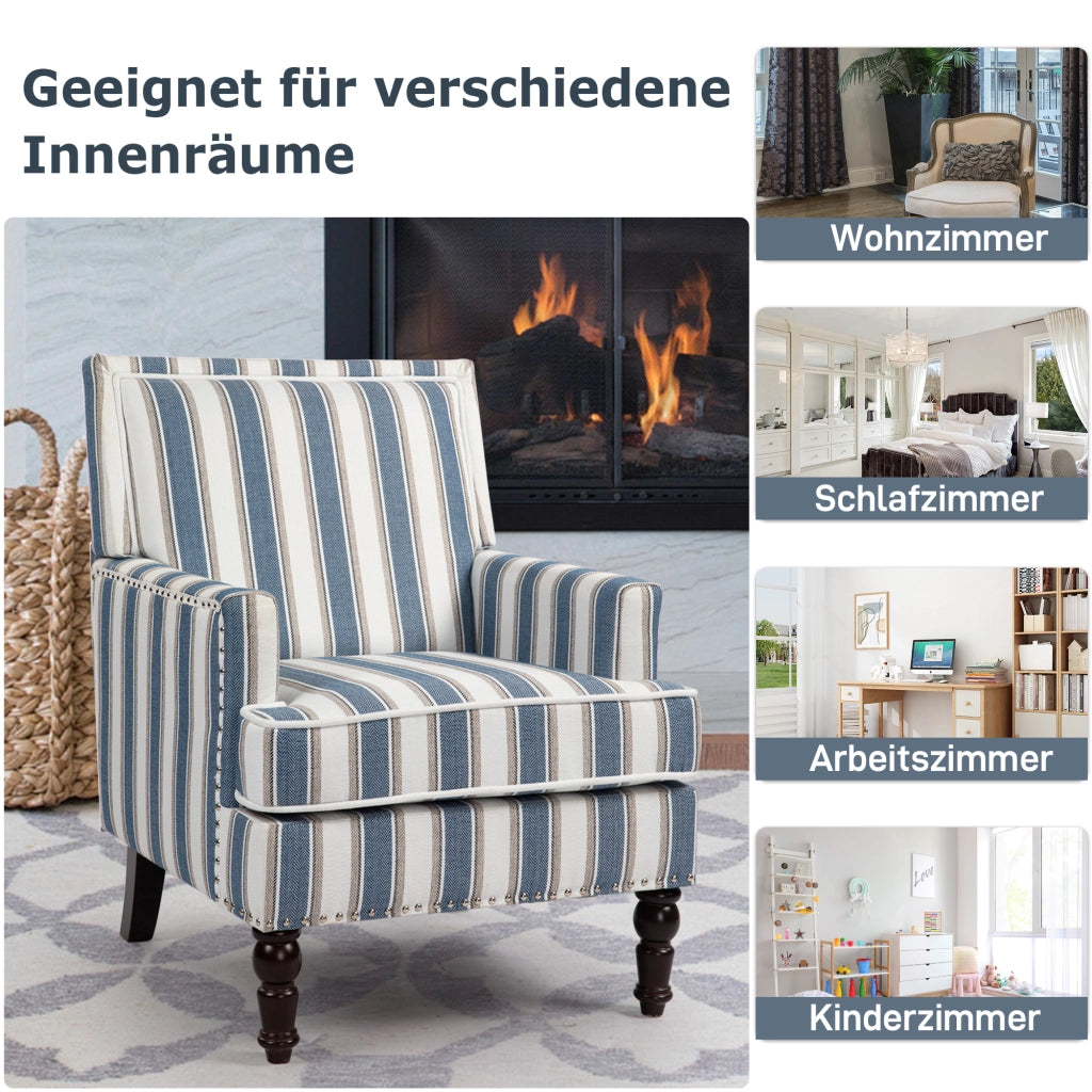 Poltrona Accent Imbottita ¨C MINIMAL ¨C Tessuto Lino Righe Blu/Bianco, Soggiorno