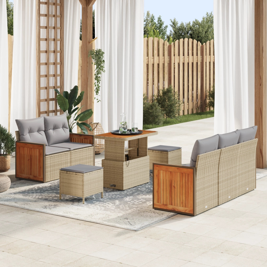 Set di Divani da Giardino da 8 Pezzi con Cuscini Beige Polyrattan Acacia
