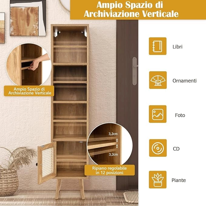 Libreria Scaffale con Anta in Rattan Naturale, Scaffale Legno in Stile Boho con 3 Ripiani Regolabili in 12 Posizioni, per Soggiorno Cucina e Camera da Letto, 29,5 x 29,5 x 137 cm (Naturale)