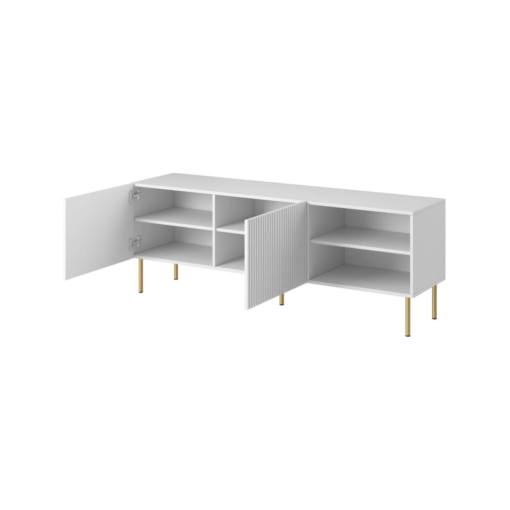 Mobile porta TV Magnano, Madia da salotto con quattro ante battenti, Rialzato da terra, 150x42 h52 cm, Bianco