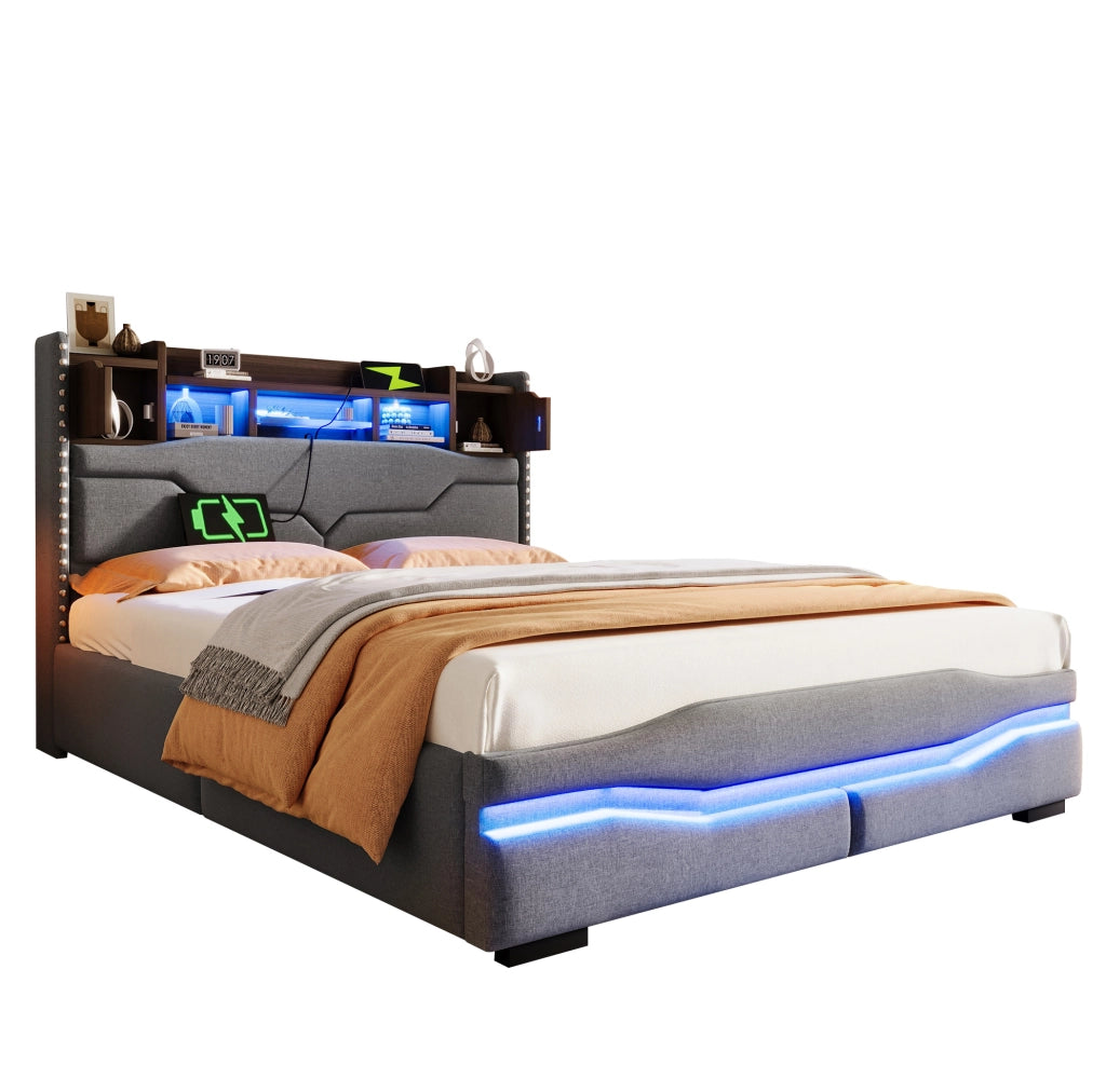 Letto imbottito con contenitore, illuminazione LED e presa di ricarica