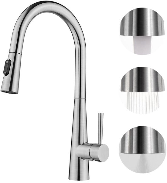 Kraan da cucina, alta pressione con doccia, manuale, miscelatore da cucina con 3 getti, rubinetto da cucina rotante 360°, acciaio inossidabile liscio