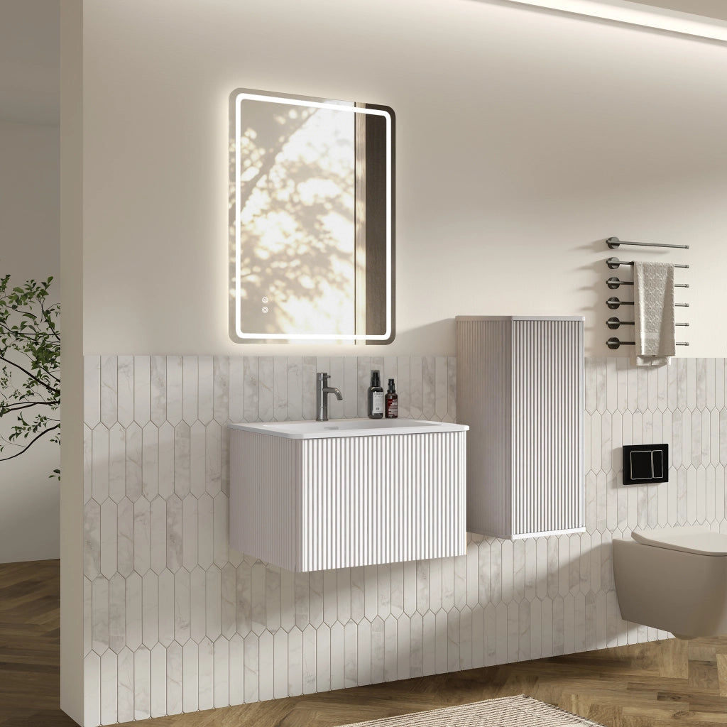 Armadietto da bagno moderno con specchio LED, mobile sospeso sottolavabo, lavabo e colonna laterale, bianco