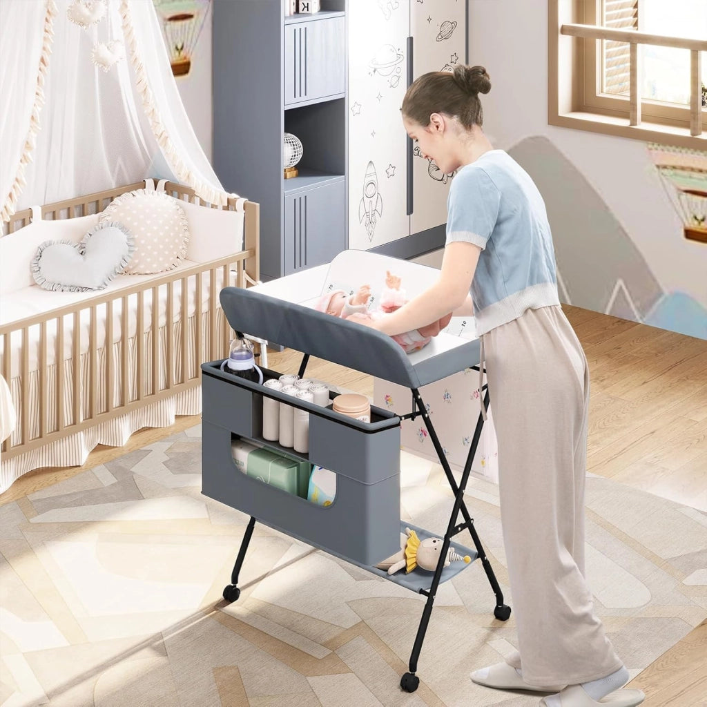 Fasciatoio per Neonati Pieghevole e Portatile, Fasciatoio con Ruote Bloccabili, Cestino, Barra e Ripiano Inferiore, Tessuto Oxford, Grigio