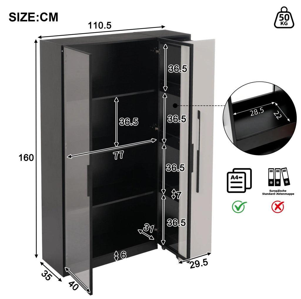 Mobile multiuso 2 in 1 con vetrina LED e vano estraibile; 110;5 x 35 x 160 cm; bianco e nero