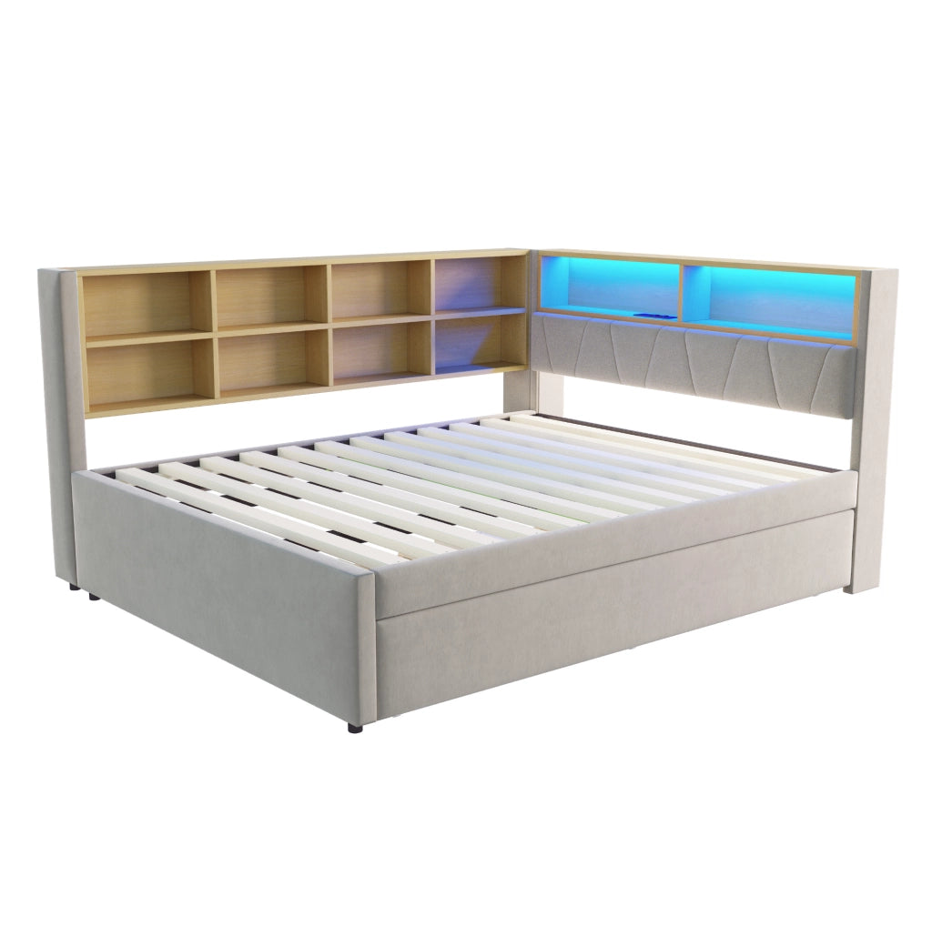 Letto multifunzione con letto estraibile, LED e prese, grigio chiaro