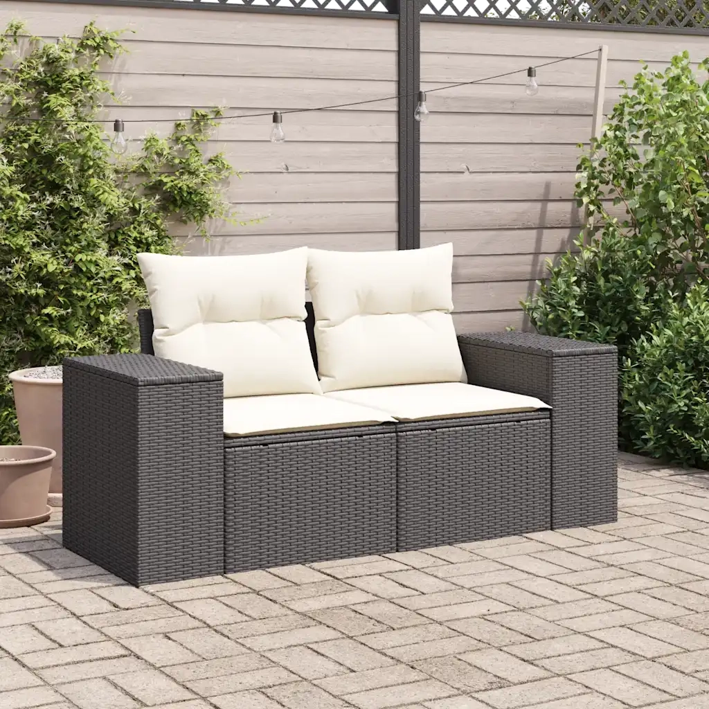 Divano da Giardino con Cuscini a 2 Posti-Sofa da Giardino-Divano da esterno Nero in Polyrattan 189248