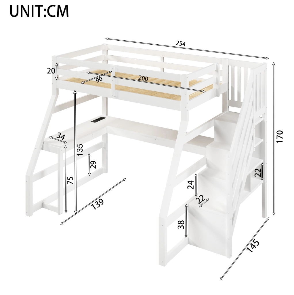 Letto a soppalco 90x200 cm con scrivania, LED e scala contenitore bianco HAVRYA
