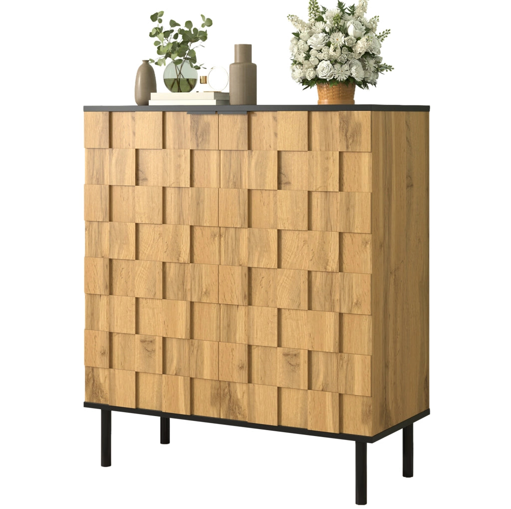 Mobile portascarpe a 2 ante con design a mosaico; 80x35x91;5 cm; effetto legno naturale