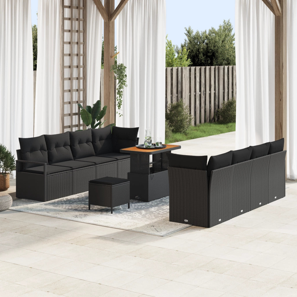Set Divano da Giardino da 11 Pezzi con Cuscini Rattan Poliestere Nero Acacia