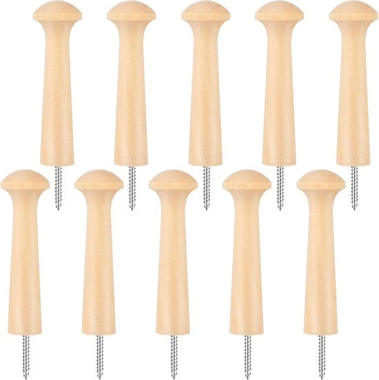 Pegni in legno - Pegni shaker in legno - Legno grezzo massello - Montaggio a viti per abiti e asciugamani - Lunghezza 9,5 cm - Legno naturale - Set da 10 pezzi - Ideali per pannelli di appendiabiti e progetti DIY
