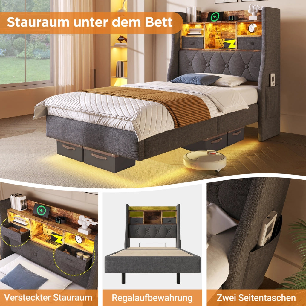 Letto singolo 90x200 cm in lino grigio con LED; testiera con presa USB e materasso