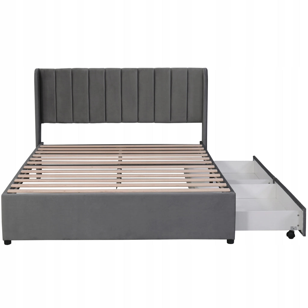 Letto imbottito 160x200 - Xylo - Grigio, velluto, 2 cassetti