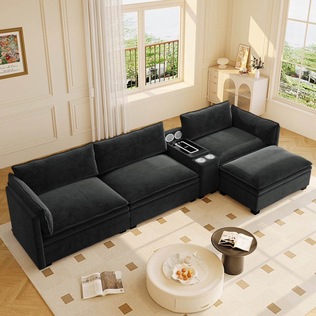 Divano modulare a L 315 cm a 4 posti con pouf; ricarica wireless; altoparlanti e luci; ciniglia; nero