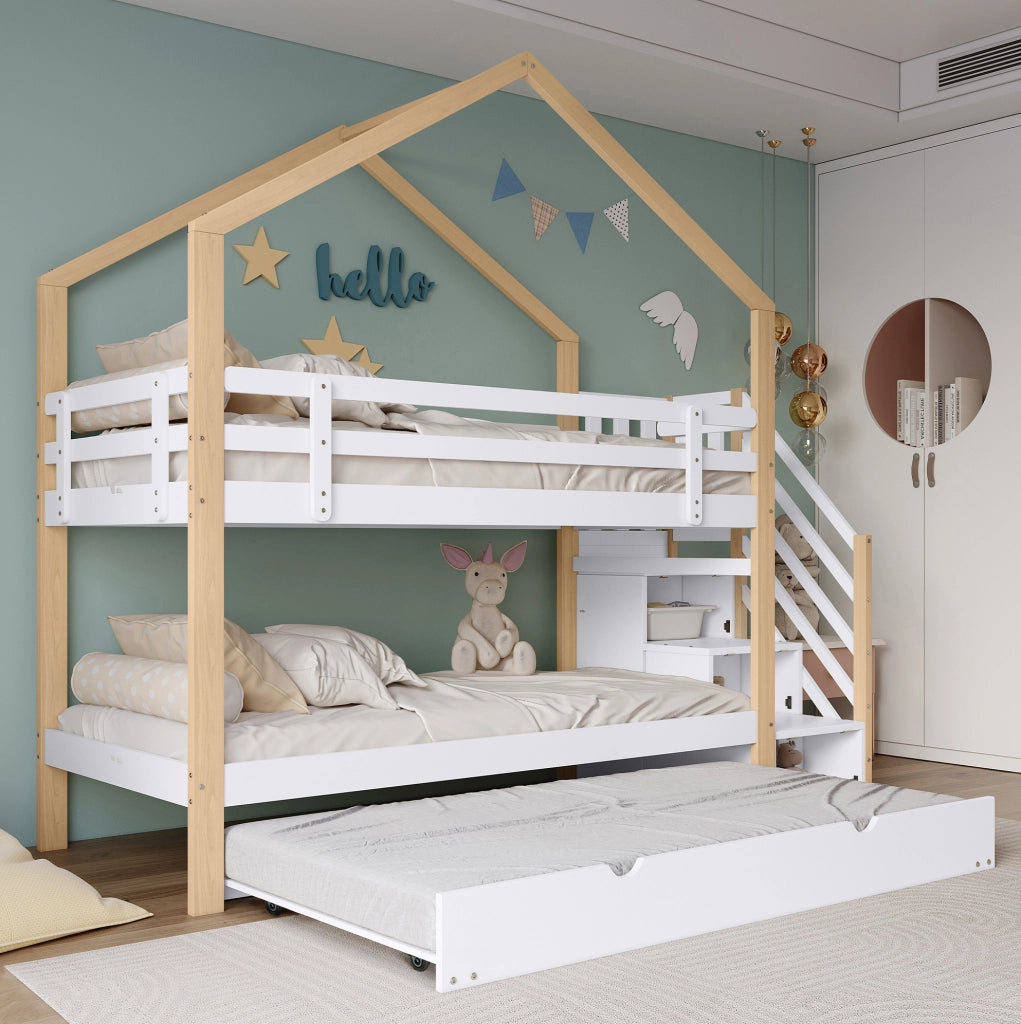 Letto a castello estraibile in legno naturale e bianco con scala e 4 cassetti, 90x200 cm e 90x190 cm