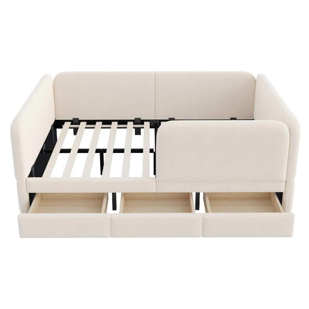 Letto per bambini imbottito 140x200 cm in velluto con sponde di sicurezza, cassetti contenitore, beige