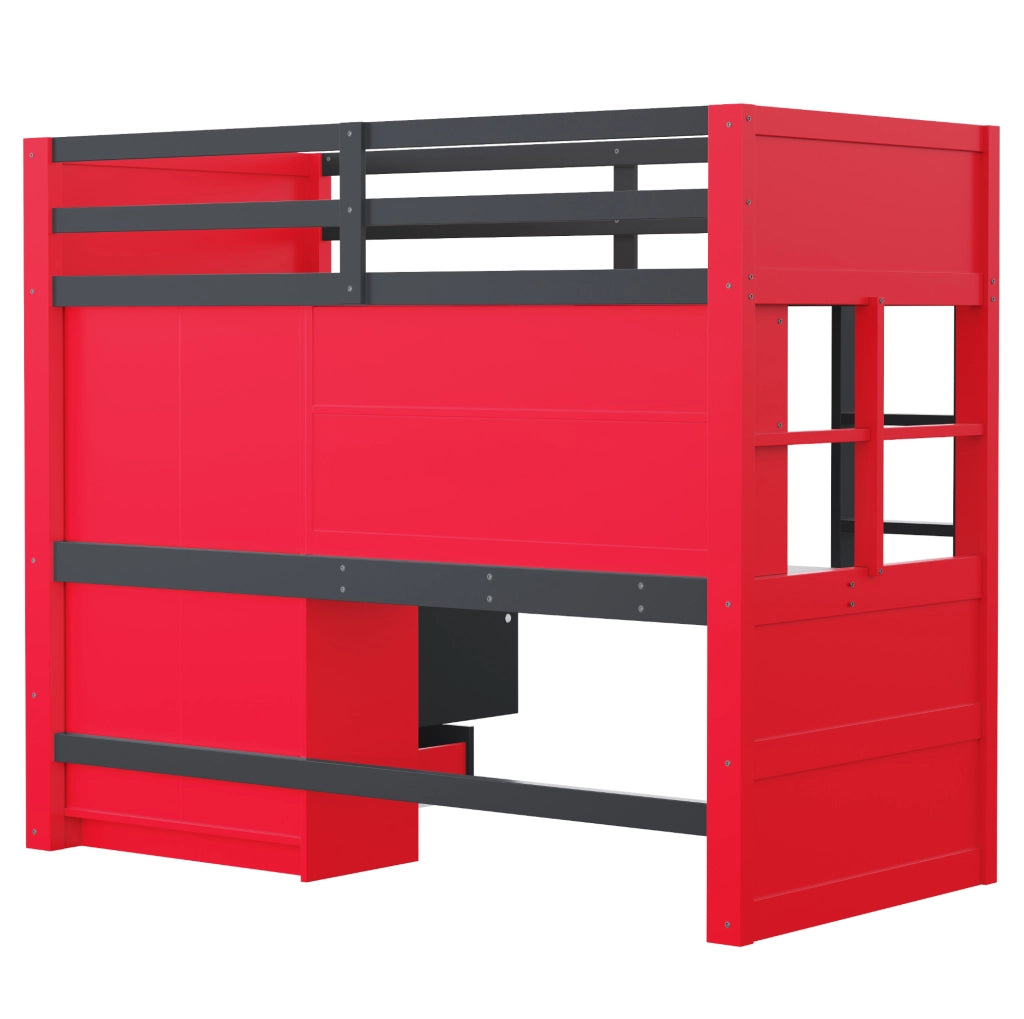 Letto a soppalco ULEVR 90x200 cm nero e rosso con scrivania, armadio, cassetti, LED e prese
