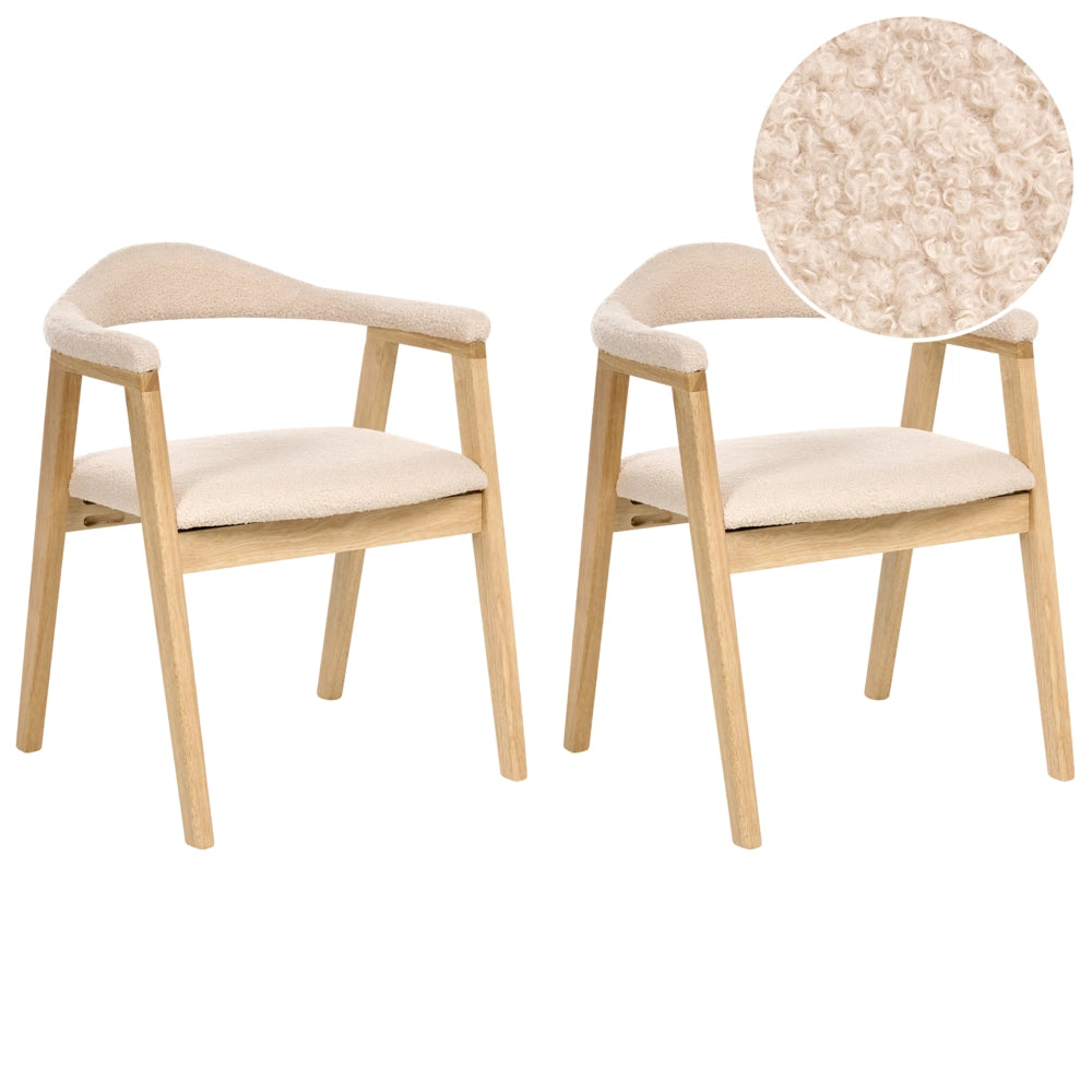 Set di 2 sedie da pranzo Marrone chiaro Seduta imbottita Schienale Boucle Poliestere Gomma Struttura in legno Stile retrò Sala da pranzo