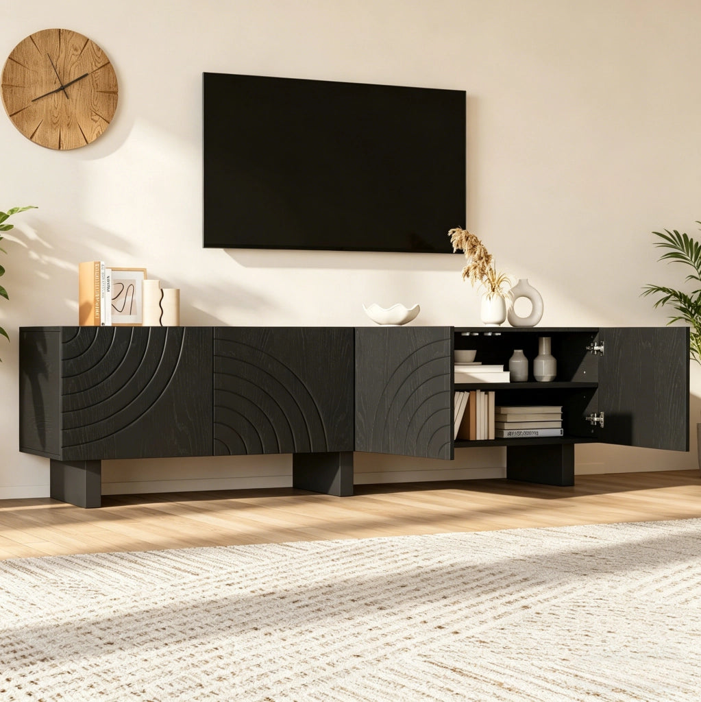 Mobile TV nero con 4 ante strutturate, 180 × 40 × 55 cm
