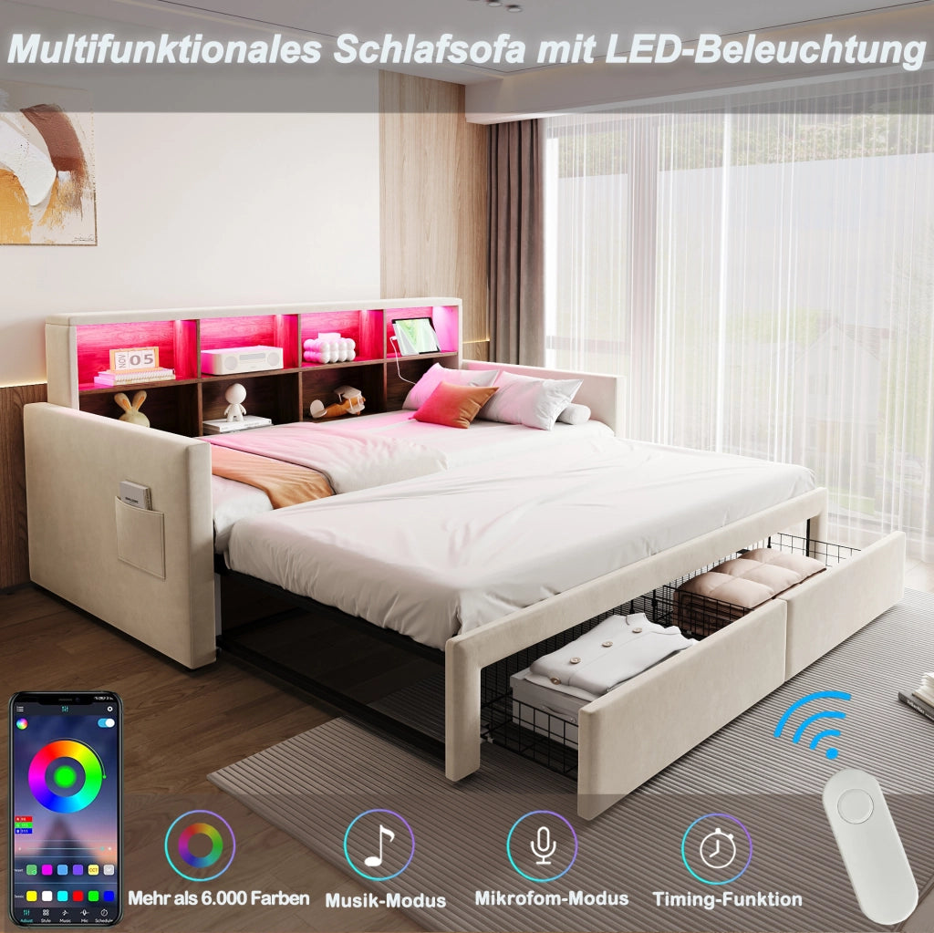Letto imbottito estraibile 90x190/180x190 cm beige con LED