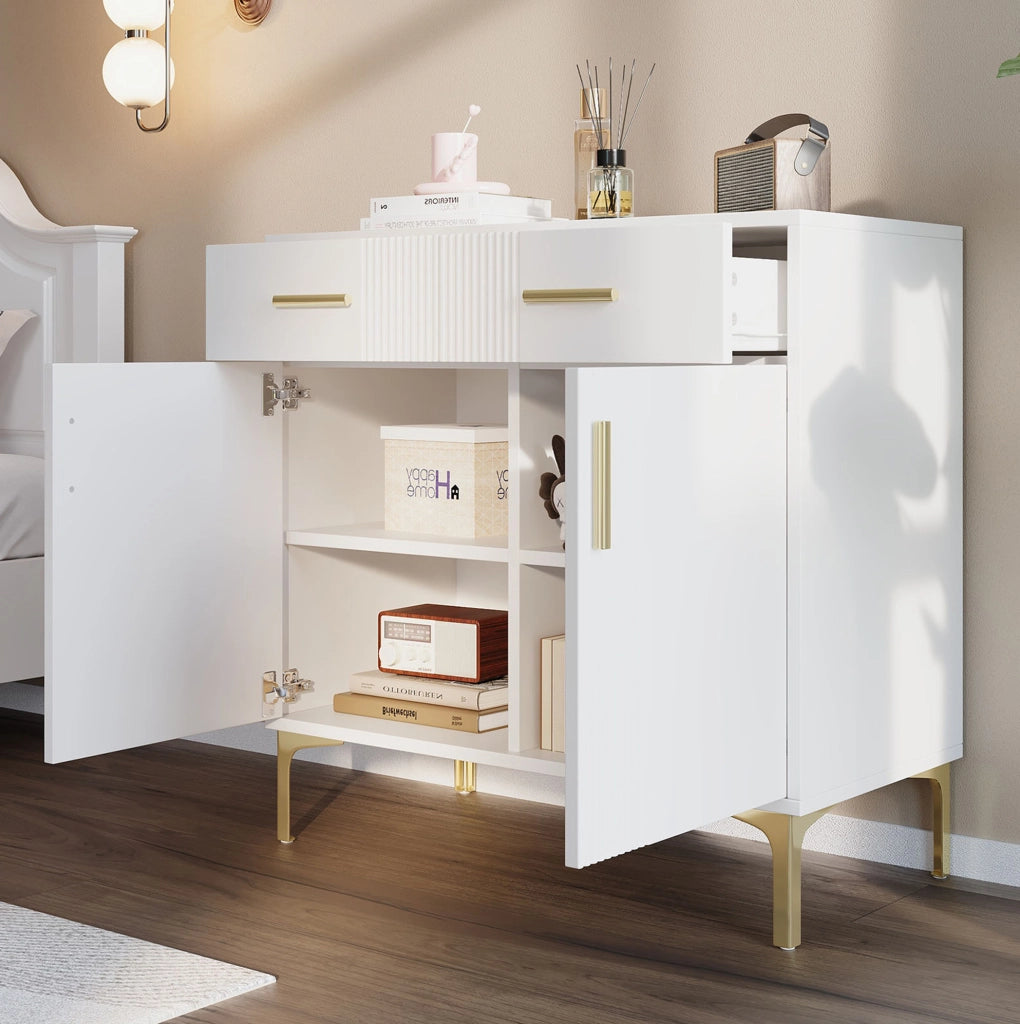 Credenza con 2 ante e 2 cassetti 80x35x79;5 cm in MDF bianco con frontali ondulati