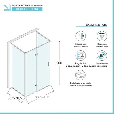 Box doccia 70x90x70 cm porta a soffietto trasparente H 200 cm Ted