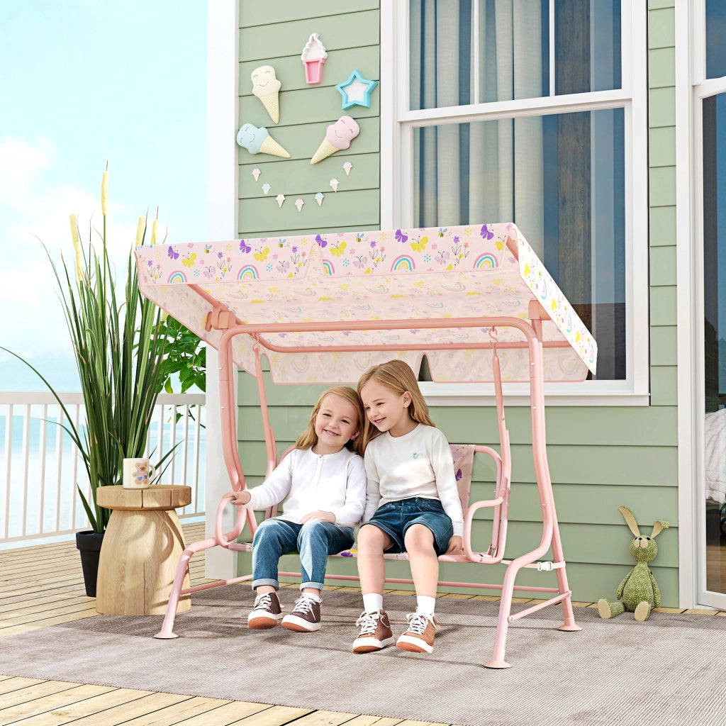 Dondolo per Bambini da Esterno a 2 Posti con Tettuccio Regolabile e Cinture di Sicurezza, 112x75x120 cm, Rosa