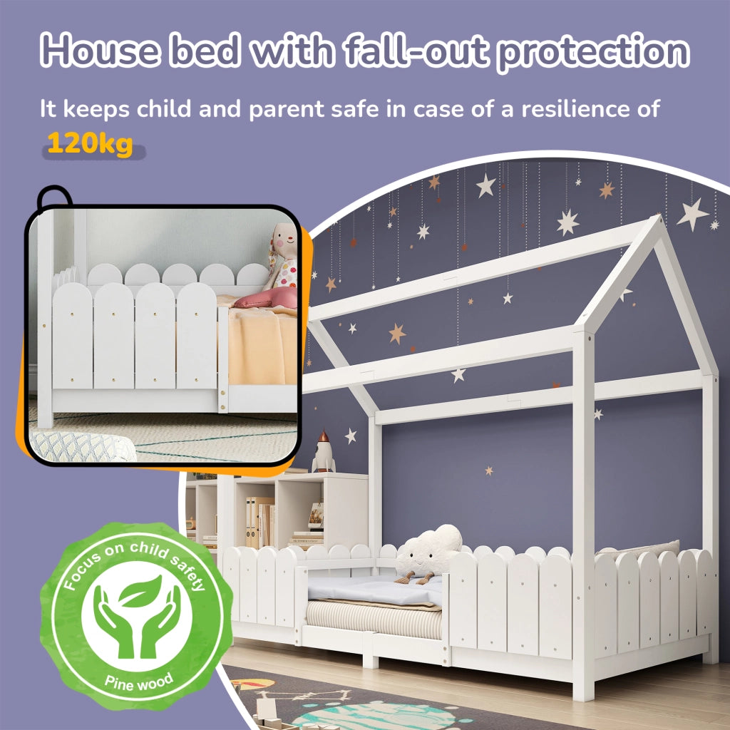 DESMIU Letto a casetta per bambini 90 × 200 cm 1 posto con barriera di sicurezza, senza materasso, in legno massello, bianco