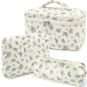 Set di cosmetici per donne con borse estetiche, borsa di pelle con motivo di fiori, set di make-up, borse da toeletta imbottite, beauty case, tessuto, fiori di zucca blu (grande + medio + custodia)