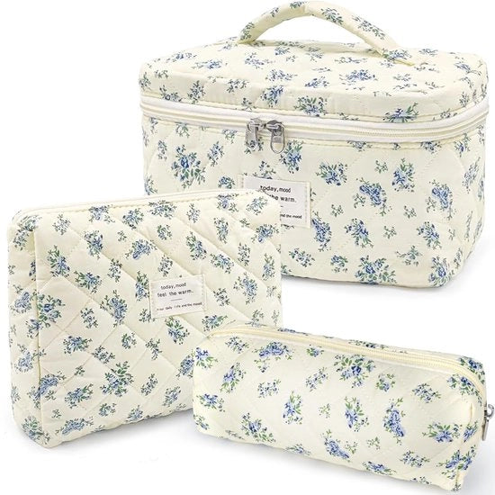 Set di cosmetici per donne con borse estetiche, borsa di pelle con motivo di fiori, set di make-up, borse da toeletta imbottite, beauty case, tessuto, fiori di zucca blu (grande + medio + custodia)