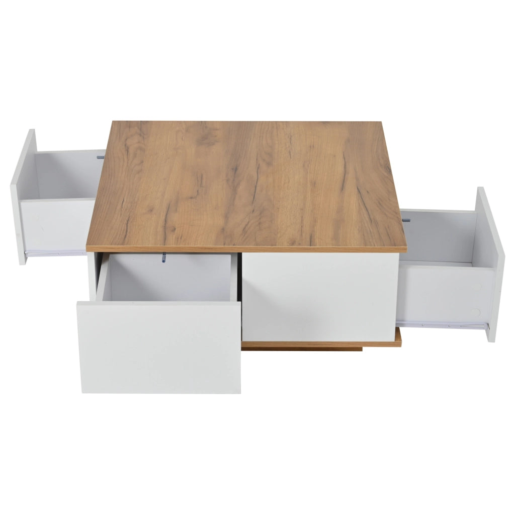Tavolino da caffè 70x70x31;5 cm con 3 cassetti; bianco e legno