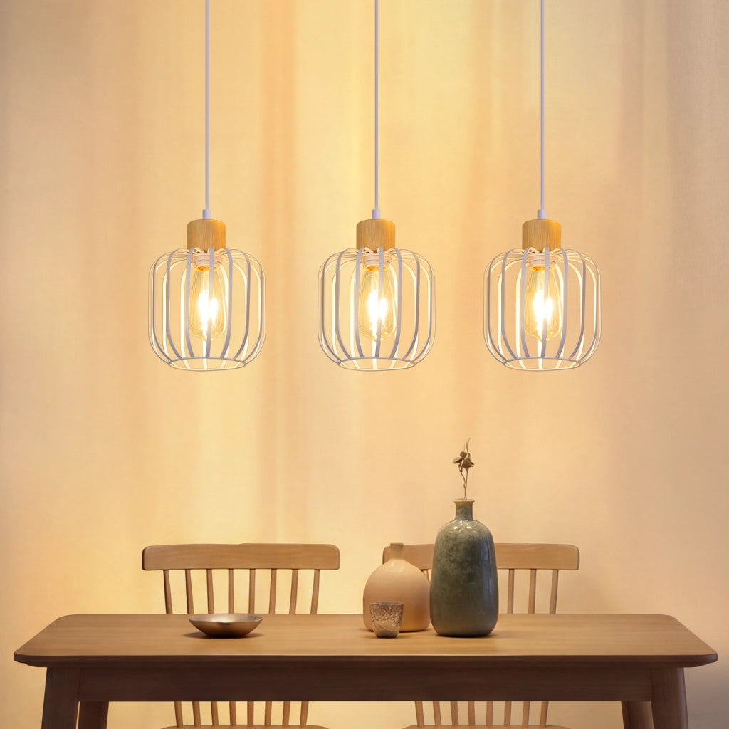 ZMH Lampada a Sospensione 3 Luci Bianco Legno E27 Moderna per Cucina Soggiorno Camera Isola Senza Lampadina