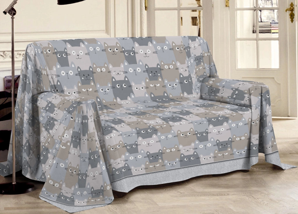 Telo Arredo Multiuso Linea Pensieri Delicati In Cotone Disegno Happy Cat - Matrimoniale - Grigio