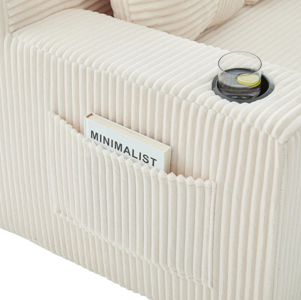 Divano pouf in velluto a coste beige con tasche laterali e 2 cuscini HOMVRA