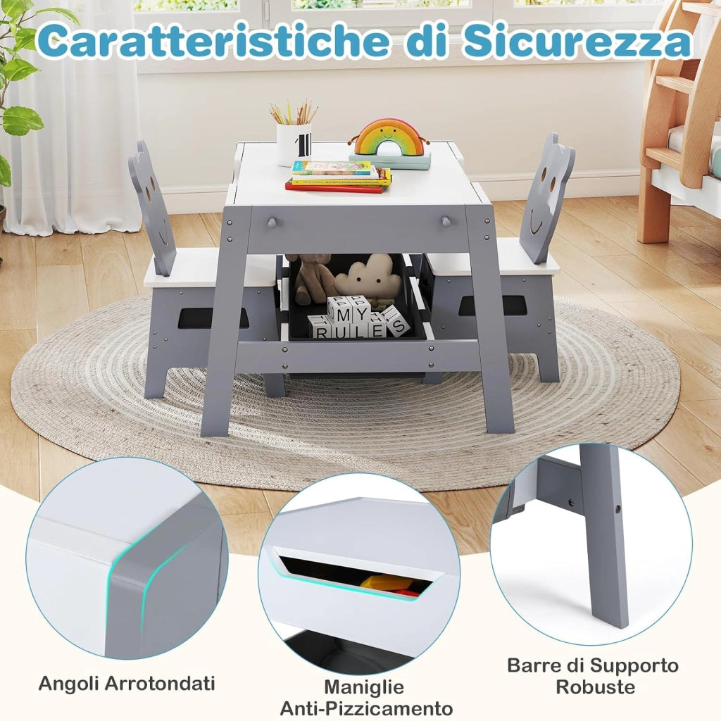 Set Tavolo e 2 Sedie per Bambini, 5 in 1 Tavolino e Sedie con 4 Ganci, 3 Scatole in Tessuto e Lavagna Reversibile per Bambini 3+ Anni per Cameretta Ragazzi (Grigio, Stile 4)