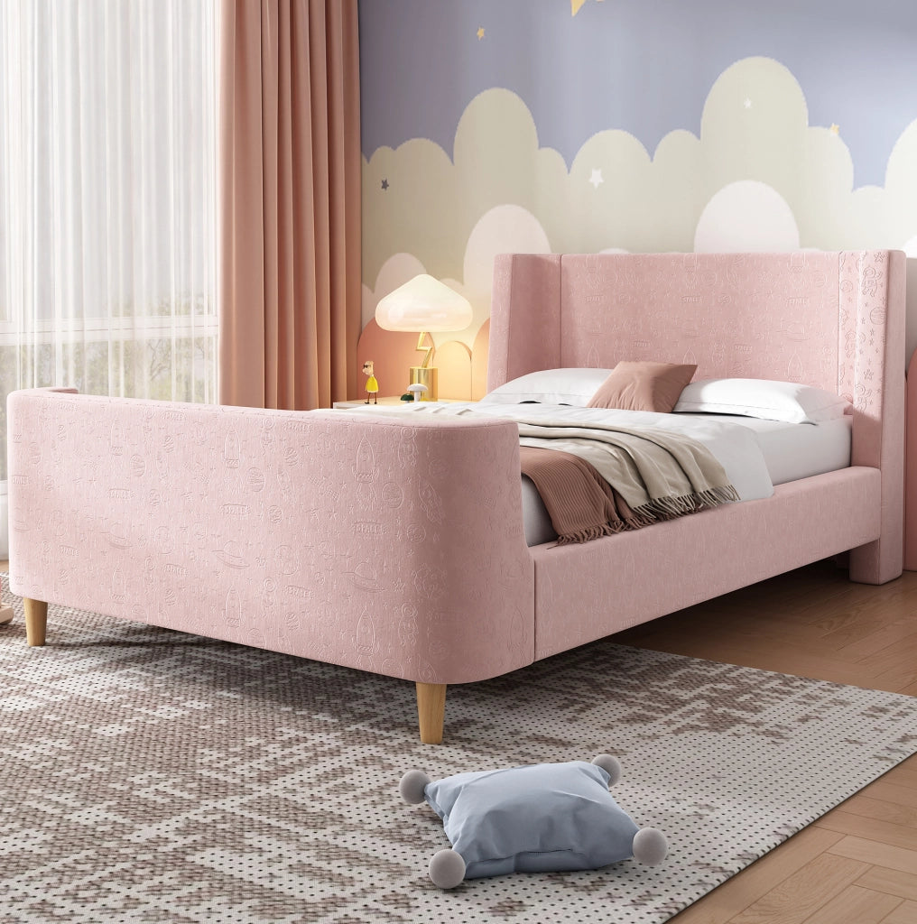 Letto singolo imbottito a slitta 90x200 cm in velluto rosa