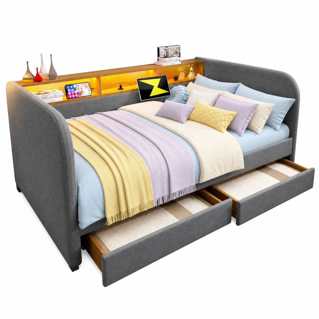 Letto imbottito 140x190 cm grigio in lino, LED USB C con 2 cassetti, senza materasso