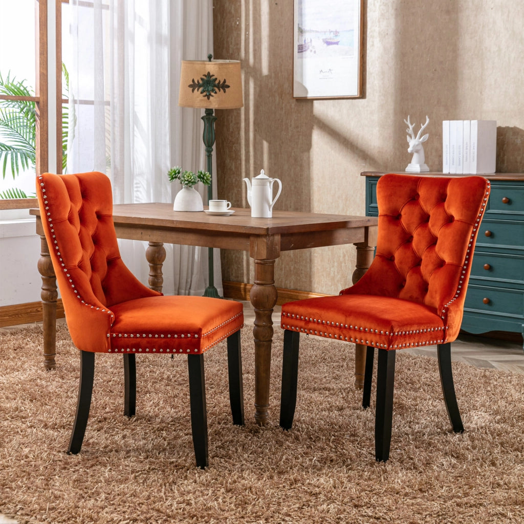 Sedie da Pranzo Imbottite in Velluto con Gambe in Legno ¨C MINIMAL ¨C Set 2 Pezzi, Arancione