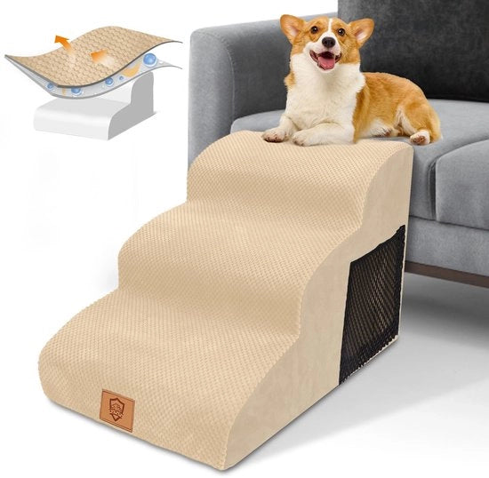 Trappola per cani per piccoli cani, Altezza 40 cm, Realizzata in alta qualità spugna, Trappola per cani con 3 gradini, Trappola per cani per letto e divano con fodera lavabile e pavimento antiscivolo, 60x40x40cm, Beige