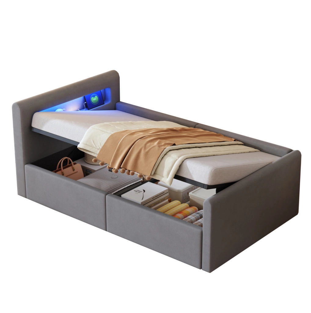 Letto imbottito per bambini 90x200 cm con LED; USB e contenitore idraulico; velluto grigio