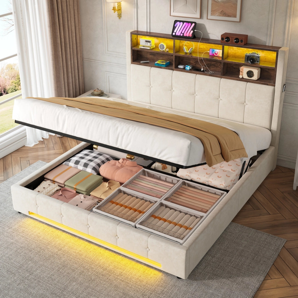 Letto imbottito 160x200 cm idraulico con LED USB colore beige in metallo e velluto