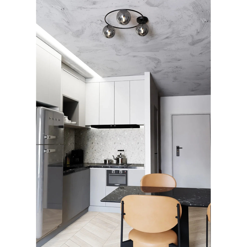 Plafoniera Minimal 3 Luci Perseo In Acciaio Nero E Sfere In Vetro Fumè