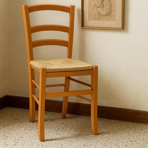 Sedia da sala da pranzo Venezia in legno noce chiaro con seduta in paglia