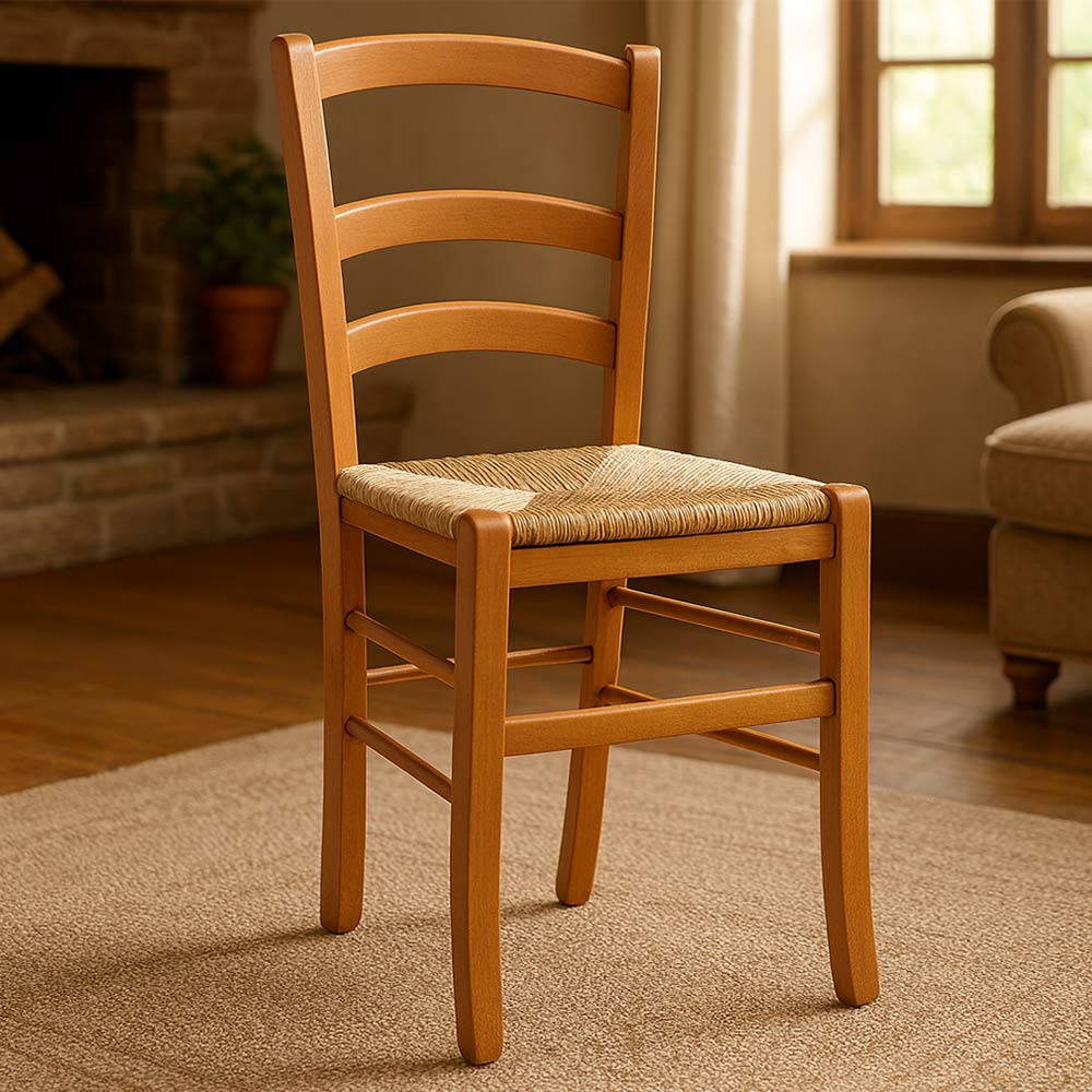 Sedia da sala da pranzo Venezia in legno noce chiaro con seduta in paglia