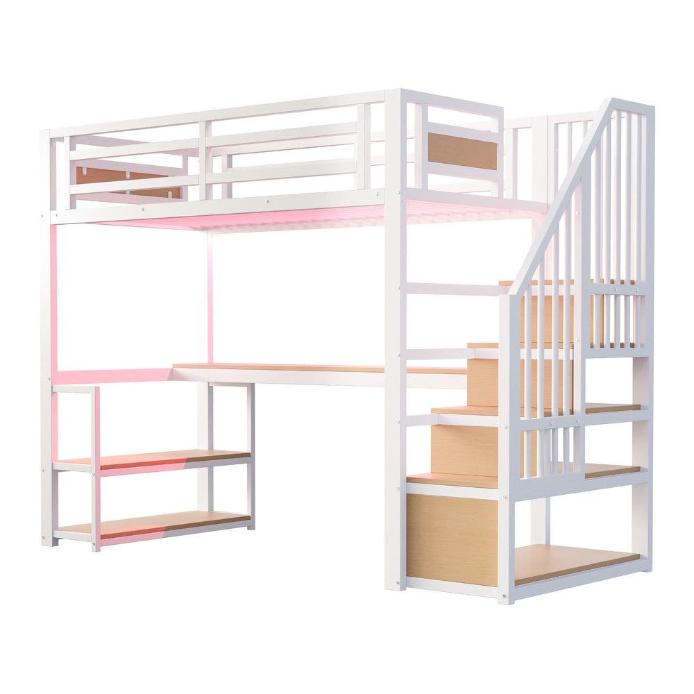 Letto a Soppalco in Metallo con LED, Presa, Ripiani e Tavolo ¨C Xylo ¨C Bianco 90x200