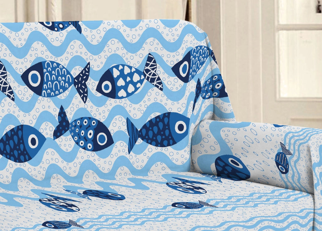 Telo Arredo Multiuso Linea Pensieri Delicati In Cotone Disegno Pesciolini - Matrimoniale - Blu