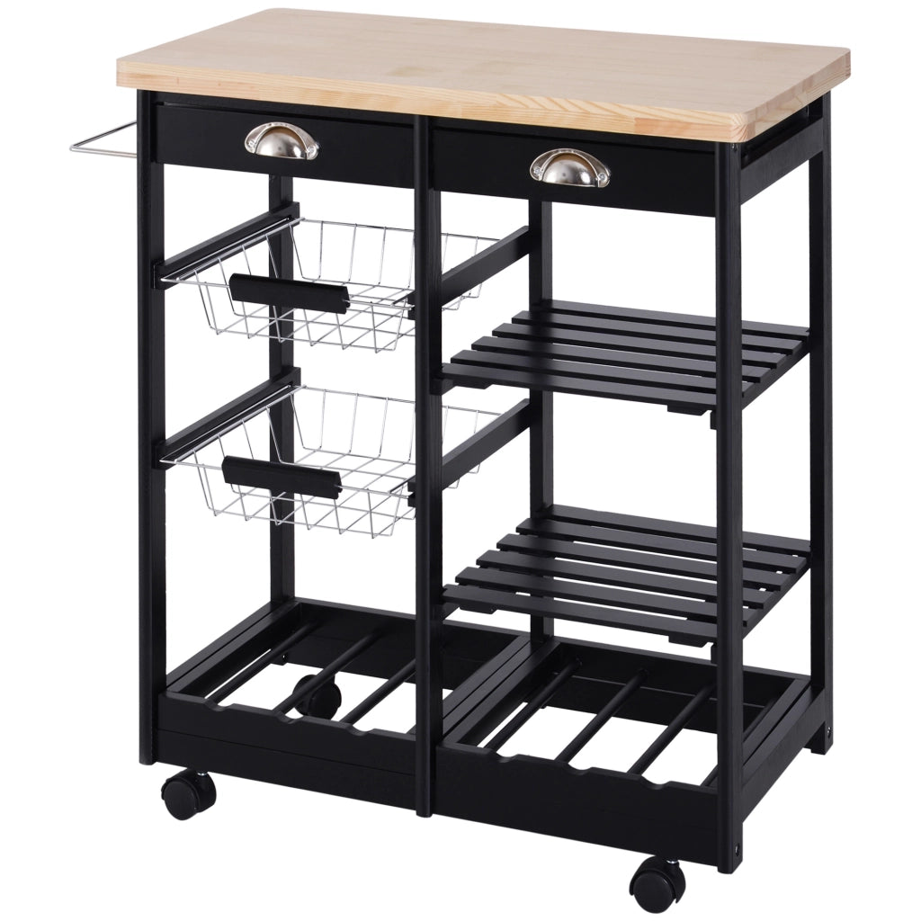 Carro per cucina con 2 cassetti, 2 cestini e 2 ripiani ¨C zephmum ¨C Nero 74x37x76 cm