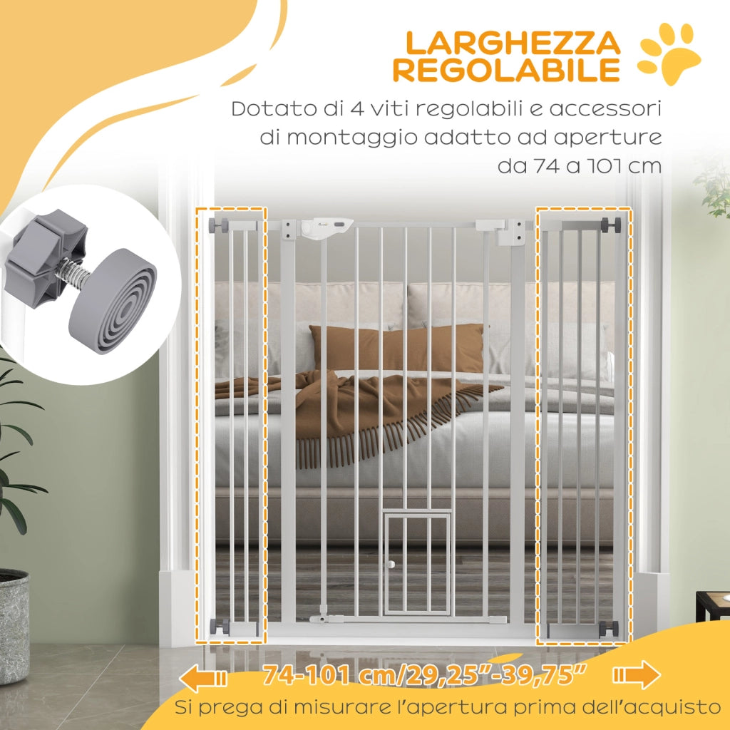 Cancellino per Cani Regolabile Alto con Porta Piccola e Chiusura Automatica, 74-101x104cm, Bianco
