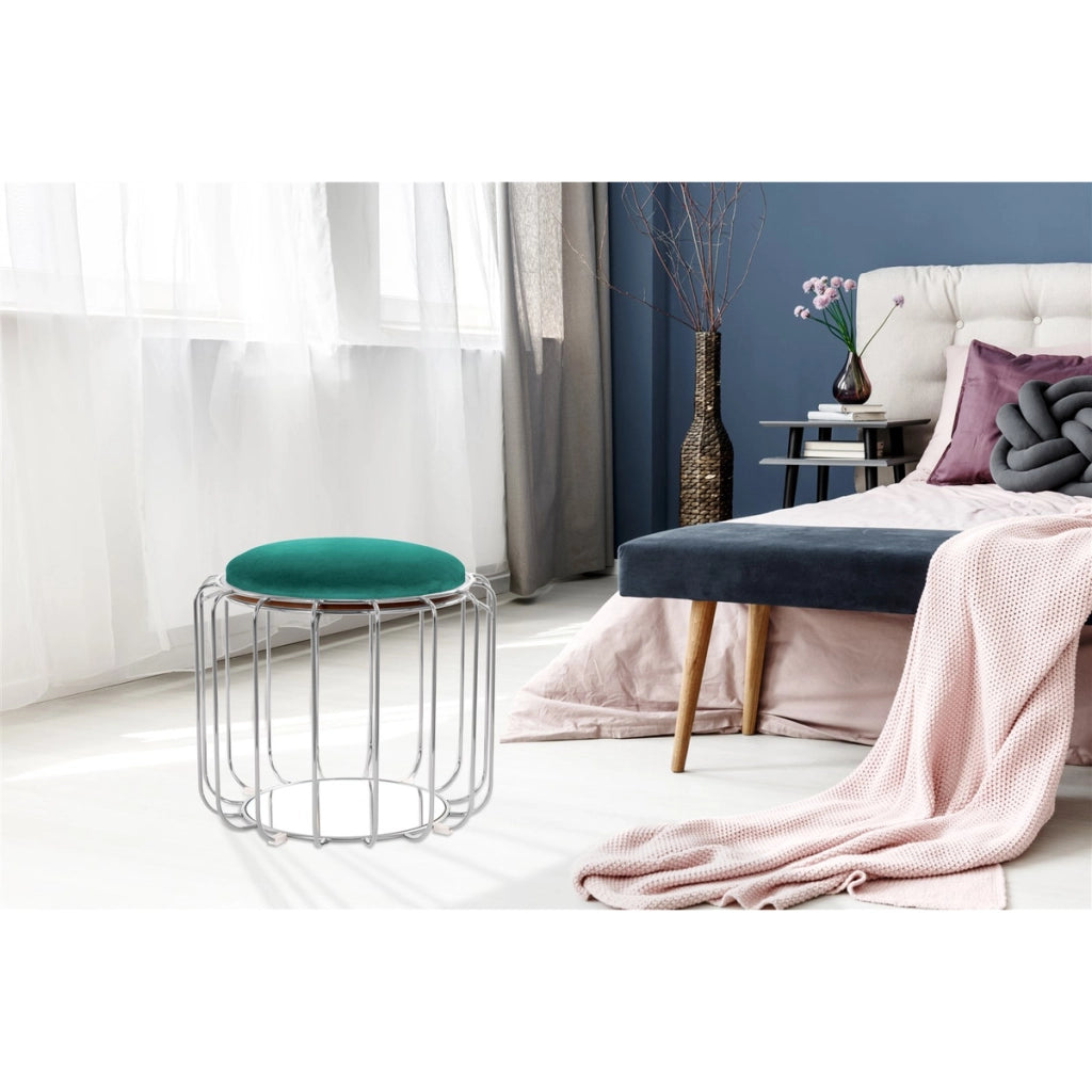 Tavolino e Pouf Comfortable 100 in Velluto Verde Scuro e Argento